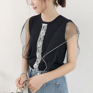 Sleeveless Mesh-panel Ruffled Top