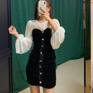 Mock Two-piece Lantern-sleeve Mini Velvet Dress