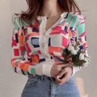 Long-sleeve Color Block Buttoned Knit Top As Shown In Figure - One Size