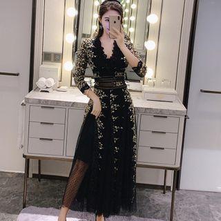 3/4-sleeve Maxi Embroidered Lace Dress
