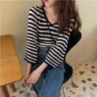 Long-sleeve V-neck Striped Knit Top As Figure - One Size