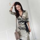 Chevron V-neck Long-sleeve A-line Maxi Dress