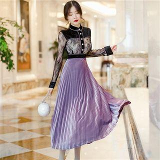 Long-sleeve Lace Panel Midi Accordion Pleat A-line Dress