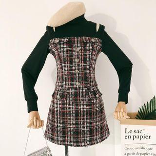 Set: Mock Two-piece Long-sleeve Tweed Top + Mini A-line Tweed Skirt