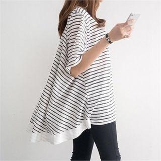 Elbow-sleeve Striped A-line T-shirt