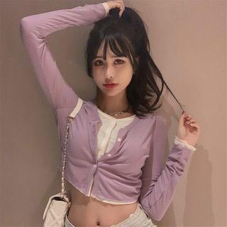 Mock Two-piece Button Cropped T-shirt
