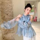 Long-sleeve Cold Shoulder Iridescent Blouse Blue - One Size