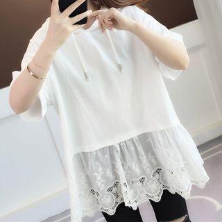 Elbow-sleeve Lace Hem Hoodie