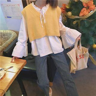 Bell-sleeve Blouse / Cropped V-neck Sweater Vest