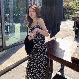Plain Cardigan / Flower Print Spaghetti Strap Midi A-line Dress / Set