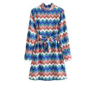 Long-sleeve Color Block Chevron Mini A-line Dress