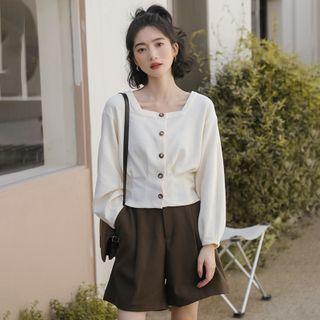 Long-sleeve Square-neck Button-up Blouse