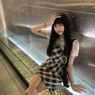 Short-sleeve Lace Top / Spaghetti Strap Plaid Dress