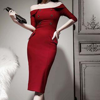 Off-shoulder Elbow-sleeve Buttoned Sheath Dress