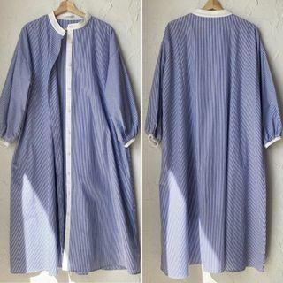 Long Sleeve Round Neck Striped A-line Shirtdress Stripes - Blue & White - One Size