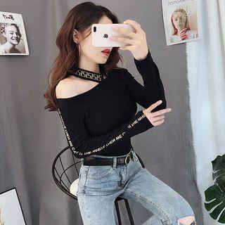 Long-sleeve Asymmetric Cold Shoulder Letter T-shirt