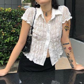 Short-sleeve Lace Smocked Shirt