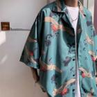 Crane Print Elbow-sleeve/long-sleeve Shirt