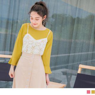 Set: Long Sleeve Plain T-shirt + Lace Camisole Top