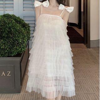 Spaghetti Strap Bow Accent Ruffle Shift Dress