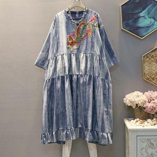 Embroidered Elbow-sleeve A-line Dress Blue - One Size