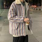 Fleece Trim Striped Plaid Jacket