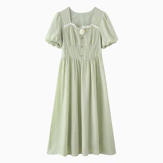 Puff-sleeve Square-neck Lace Trim Midi Dress
