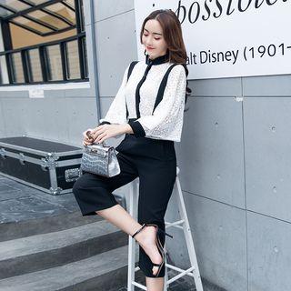 Set: Long-sleeeve Paneled Blouse + Cropped Jumper Pants