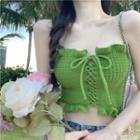 Lace-up Ruffle Trim Knit Tube Top