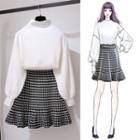 Set: Balloon-sleeve Mock Neck Sweater + Houndstooth Mini A-line Skirt