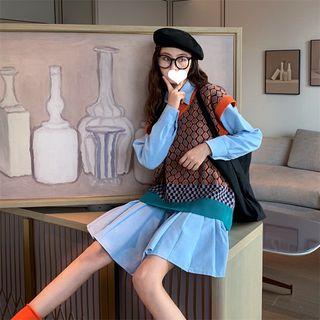 Plain Long-sleeve Pleated Shirtdress