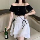 Off-shoulder Plain Lace-up Top / High-waist Plain Layered Skirt