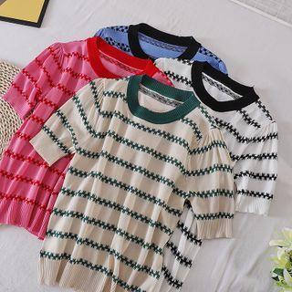 Round-neck Short-sleeve Color Panel Knit Striped Top