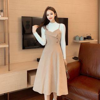 Set: Long-sleeve Mock-neck Knit Top + Spaghetti Strap Midi A-line Dress