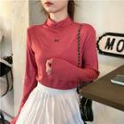 Mock-neck Letter Embroidered Long-sleeve Top