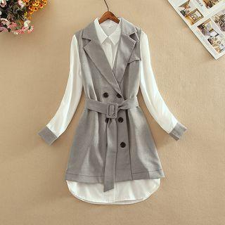 Set: Contrast Trim Shirt Dress + Double-breasted Long Vest