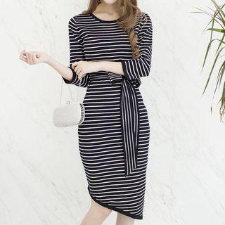 3/4-sleeve Diagonal Hem Striped Knit Dress