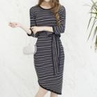 3/4-sleeve Diagonal Hem Striped Knit Dress