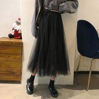 Elastic-waist Mesh Overlay Midi Skirt