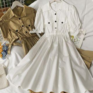 Ribbon-cuff Ruffled Polo Dress