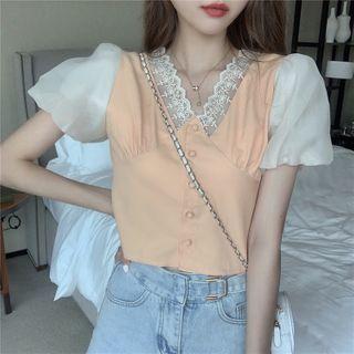 Puff-sleeve Lace Trim Chiffon Blouse