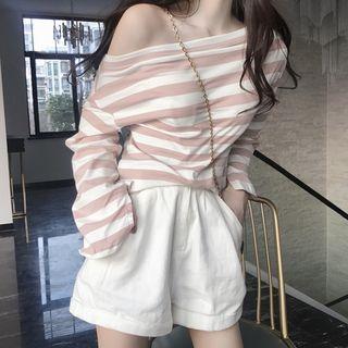 Open Shoulder Stripe Long Sleeve Top