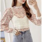 Set: Long-sleeve Floral Top + Cropped Knit Camisole