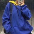 Color Block Letter Embroidered Hoodie Blue - One Size