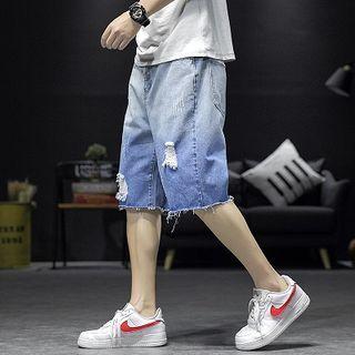 Distressed Gradient Denim Straight-cut Shorts