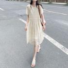 Round-neck Plain Lace A-line Dress Light Beige - One Size