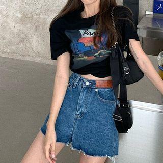 Print Loose-fit T-shirt / Denim Wide-leg Shorts
