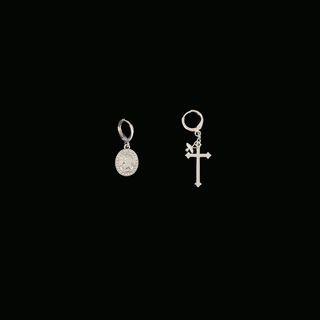 Cross & Embossed Disc Asymmetrical Dangle Earring 1 Pair - Earrings - Silver - One Size
