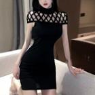 High-neck Short-sleeve Argyle Print Panel Bodycon Dress