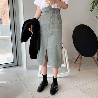 Asymmetric Drawstring-waist Checked Midi Skirt Black - One Size